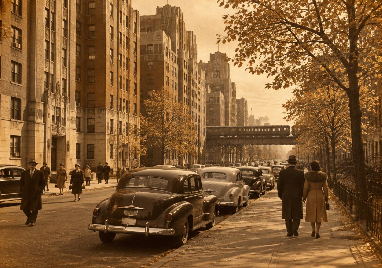 Vintage sepia-toned photograph of a 1940s Bronx street near the Grand Concourse